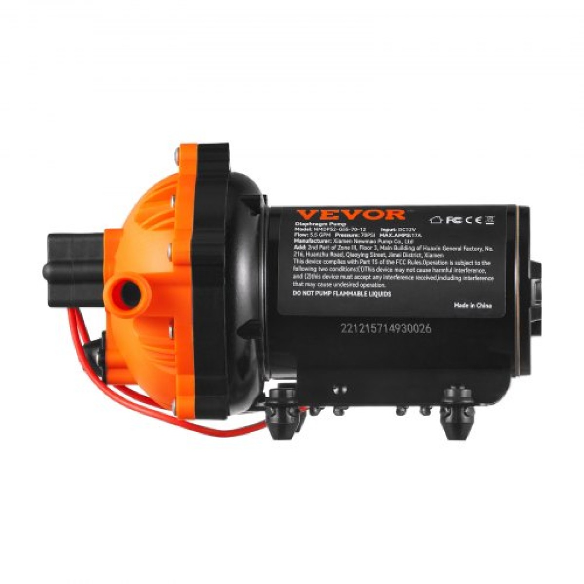 Αντλία με διάφραγμα νερού VEVOR, 12V DC, ροή 5,5 GPM, Ονομαστική πίεση 70 PSI (ρυθμιζόμενη 40-100 PSI), Αντλία ψεκασμού 1/2" MNPT Self Primering Sprayer with Pressure Switch for RV Camper Marine Boat Lawn, με πιστοποίηση FCC