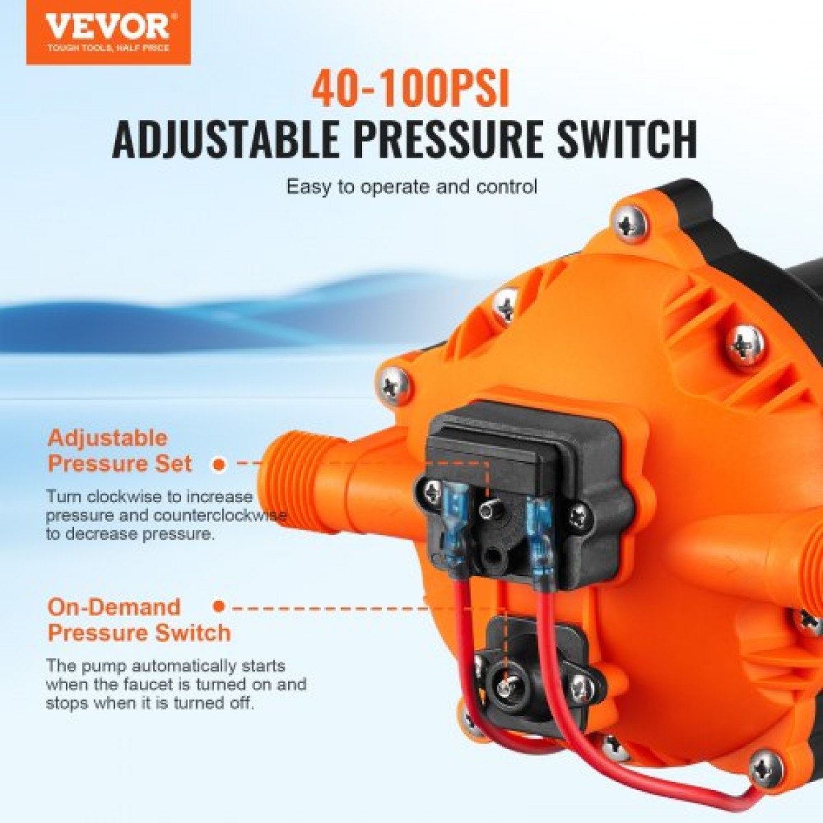 Αντλία με διάφραγμα νερού VEVOR, 12V DC, ροή 5,5 GPM, Ονομαστική πίεση 70 PSI (ρυθμιζόμενη 40-100 PSI), Αντλία ψεκασμού 1/2" MNPT Self Primering Sprayer with Pressure Switch for RV Camper Marine Boat Lawn, με πιστοποίηση FCC