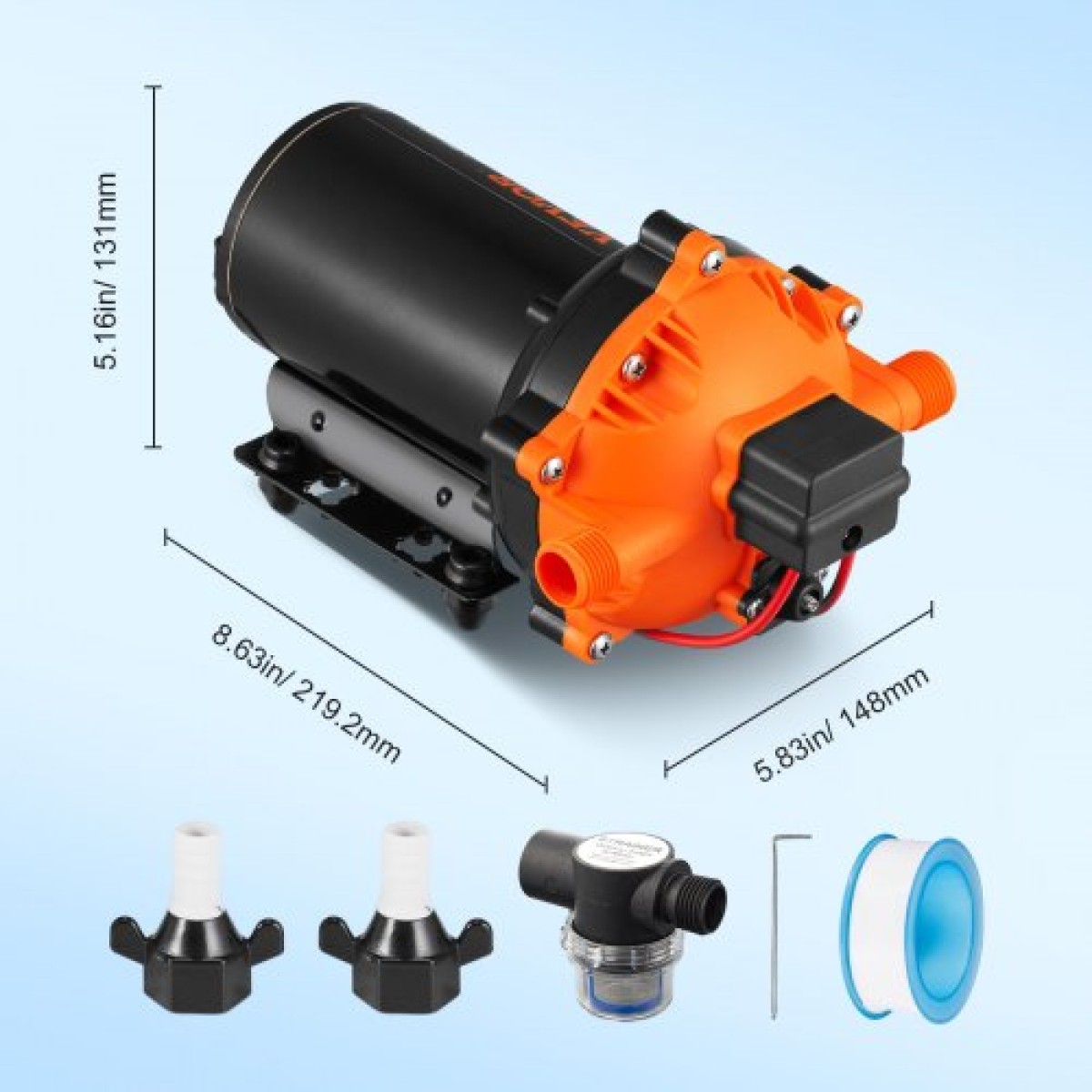 Αντλία με διάφραγμα νερού VEVOR, 12V DC, ροή 5,5 GPM, Ονομαστική πίεση 70 PSI (ρυθμιζόμενη 40-100 PSI), Αντλία ψεκασμού 1/2" MNPT Self Primering Sprayer with Pressure Switch for RV Camper Marine Boat Lawn, με πιστοποίηση FCC