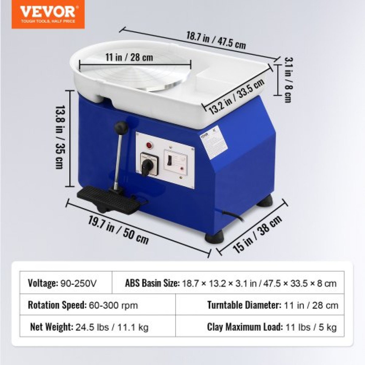 Τροχός κεραμικής VEVOR, 350 W, 11 σε πήλινη μηχανή διαμόρφωσης τροχών, 60-300 σ.α.λ. ρυθμιζόμενη ταχύτητα με χειριστήριο λαβής και πεντάλ, αποσπώμενη λεκάνη ABS, κιτ αξεσουάρ για ενήλικες και αρχάριους χειροτεχνίας DIY, Μπλε