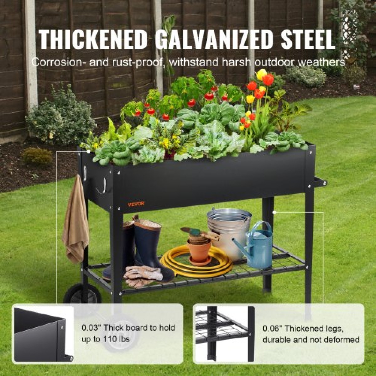 VEVOR Raised Garden Bed, 42,5 x 19,5 x 31,5 ιντσών Γαλβανισμένο μεταλλικό κουτί φυτευτήρων, υπερυψωμένα κουτιά φυτεύματος εξωτερικού χώρου με πόδια, για καλλιέργεια λουλουδιών/λαχανικών/βοτάνων στην πίσω αυλή/κήπο/αυλή/μπαλκόνι, μαύρο