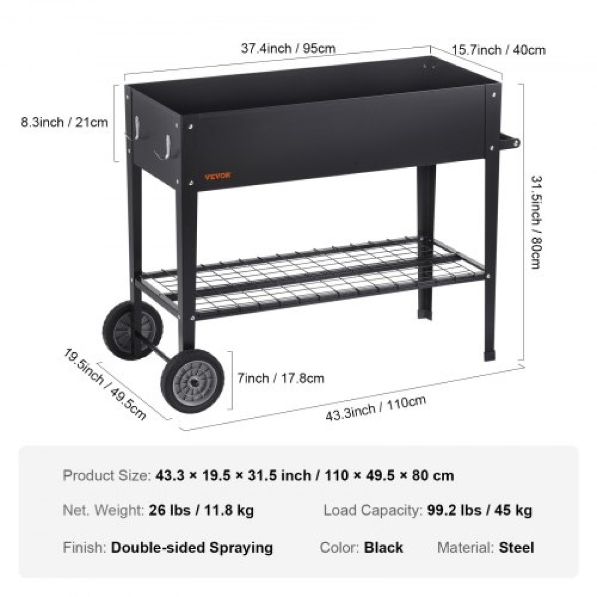 VEVOR Raised Garden Bed, 42,5 x 19,5 x 31,5 ιντσών Γαλβανισμένο μεταλλικό κουτί φυτευτήρων, υπερυψωμένα κουτιά φυτεύματος εξωτερικού χώρου με πόδια, για καλλιέργεια λουλουδιών/λαχανικών/βοτάνων στην πίσω αυλή/κήπο/αυλή/μπαλκόνι, μαύρο