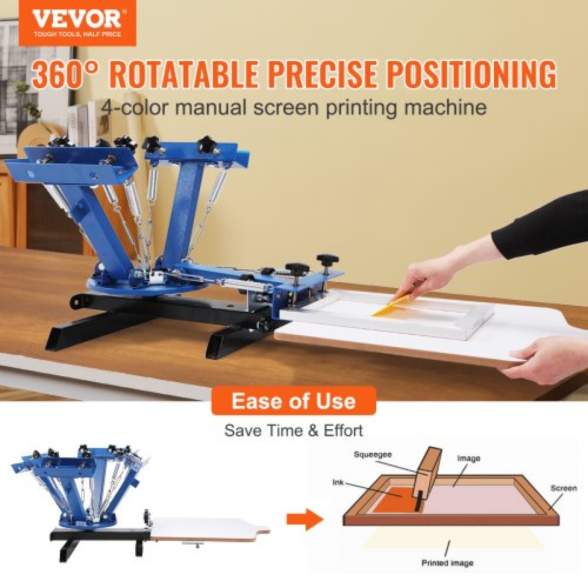 Screen Printing Machine VEVOR, 4 Color 1 Station 360° Rotable Screen Printing Press, 21,2x17,7in / 54x45cm Screen Printing Press, Παλέτα τοποθέτησης διπλής στρώσης για T-shirt Printing DIY