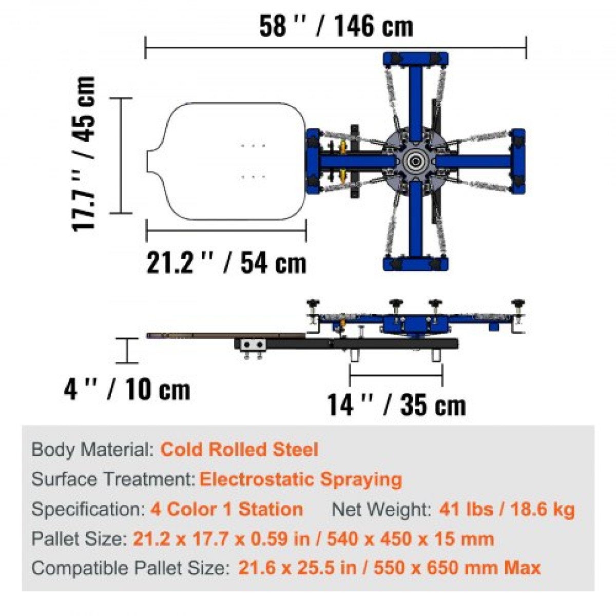 Screen Printing Machine VEVOR, 4 Color 1 Station 360° Rotable Screen Printing Press, 21,2x17,7in / 54x45cm Screen Printing Press, Παλέτα τοποθέτησης διπλής στρώσης για T-shirt Printing DIY