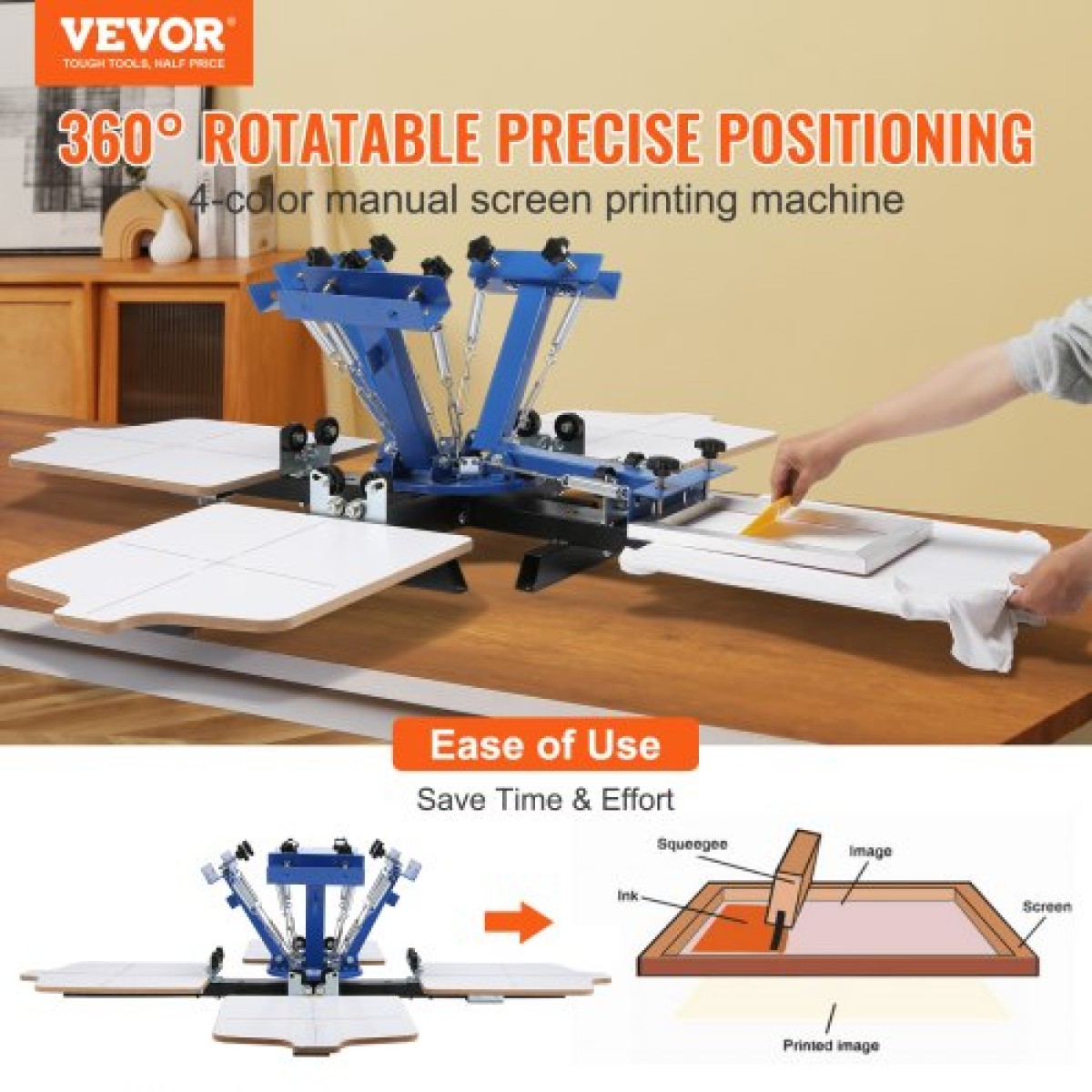 Screen Printing Machine VEVOR, 4 Color 4 Station 360° Rotable Silk Printing Press, 21,2x17,7in / 54x45cm Screen Printing Press, Παλέτα τοποθέτησης διπλής στρώσης για T-shirt Printing DIY