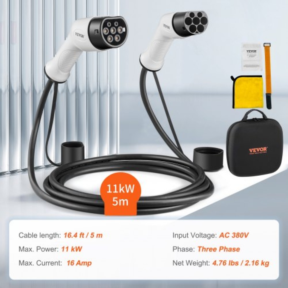 Καλώδιο φόρτισης EV VEVOR Type 2 έως Type 2, 16Amp, 11kW 5 μέτρα Τριφασικό καλώδιο φόρτισης ηλεκτρικού οχήματος, IP66 αδιάβροχο w τσάντα μεταφοράς, για IEC62196 EV & Plug-in Hybrid Electric Vehicle, CE&TUV