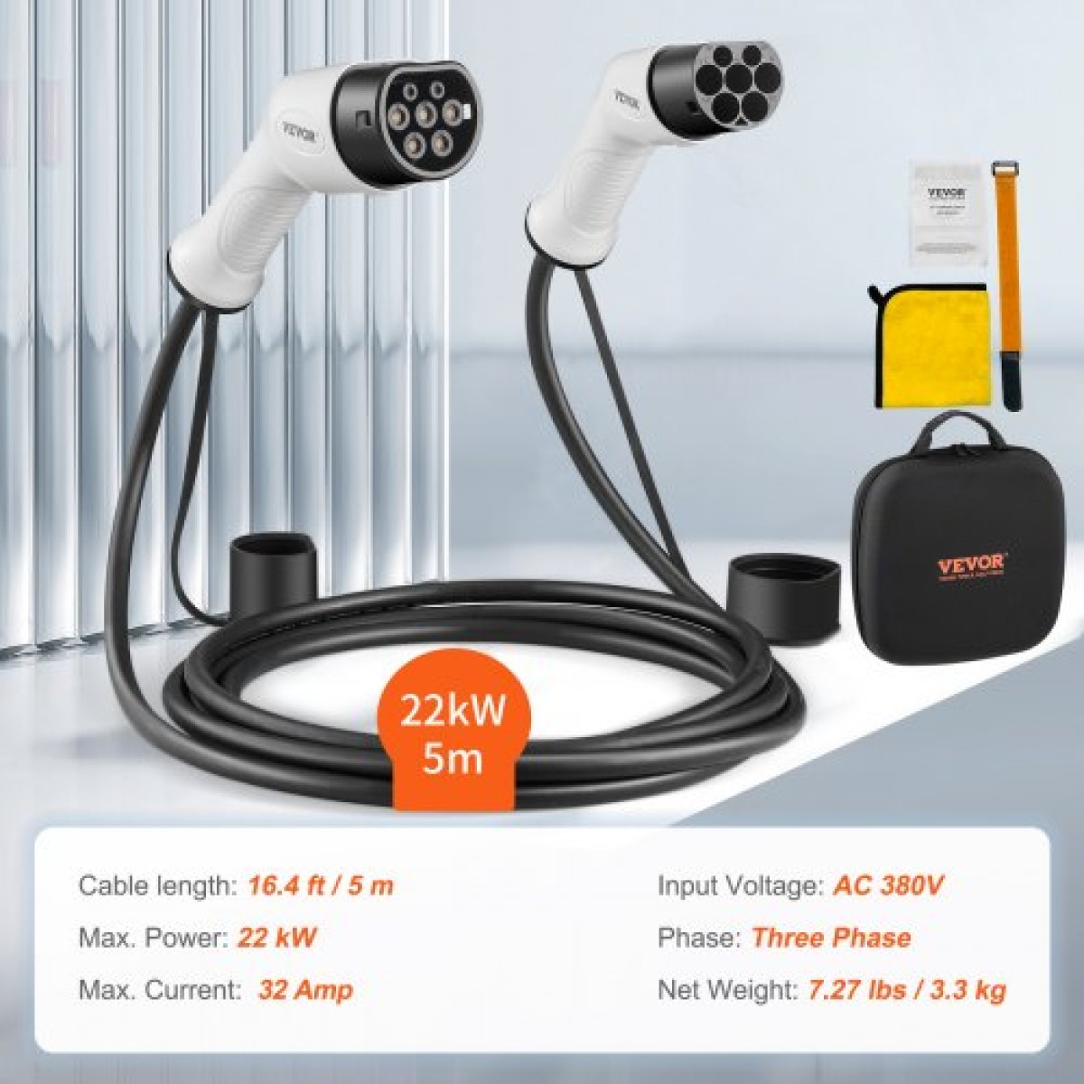Καλώδιο φόρτισης EV VEVOR Type 2 έως Type 2, 32Amp, 22kW 5 μέτρα Τριφασικό καλώδιο φόρτισης ηλεκτρικού οχήματος, IP66 Αδιάβροχο w τσάντα μεταφοράς, για IEC62196 EV & Plug-in Hybrid Electric Vehicle, CE&TUV