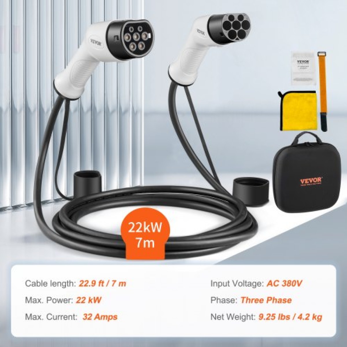 Καλώδιο φόρτισης EV VEVOR Type 2 έως Type 2, 32Amp, 22kW 7 μέτρα Τριφασικό καλώδιο φόρτισης ηλεκτρικού οχήματος, IP66 αδιάβροχο w τσάντα μεταφοράς, για IEC62196 EV & Plug-in Hybrid Electric Vehicle, CE&TUV