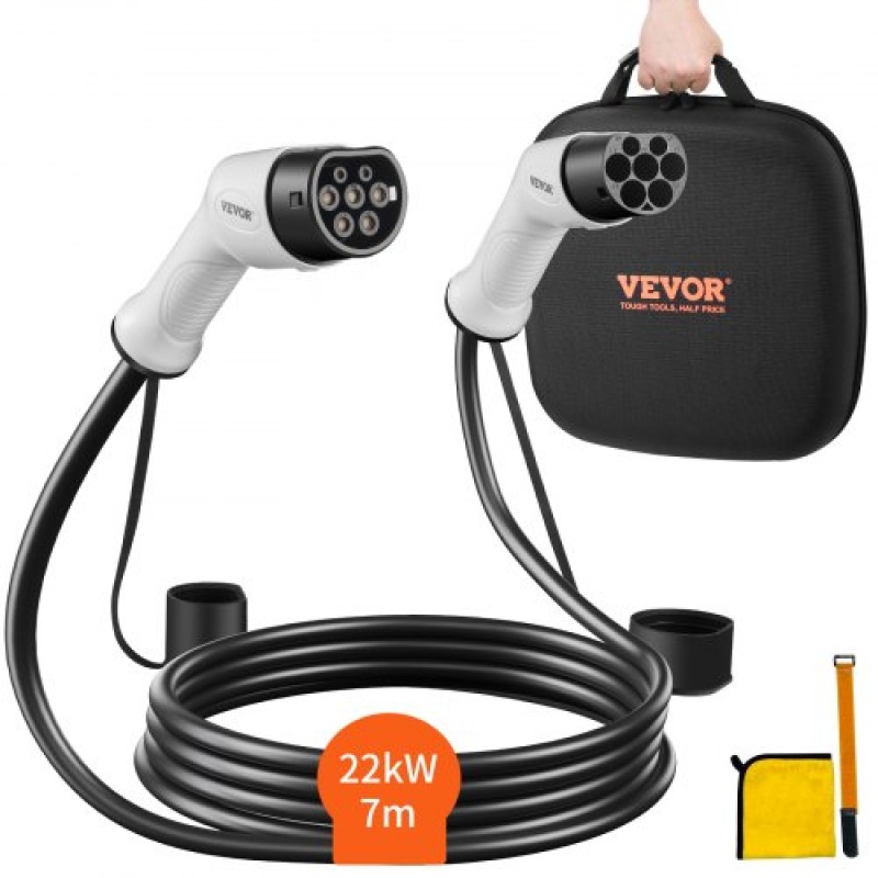 Καλώδιο φόρτισης EV VEVOR Type 2 έως Type 2, 32Amp, 22kW 7 μέτρα Τριφασικό καλώδιο φόρτισης ηλεκτρικού οχήματος, IP66 αδιάβροχο w τσάντα μεταφοράς, για IEC62196 EV & Plug-in Hybrid Electric Vehicle, CE&TUV