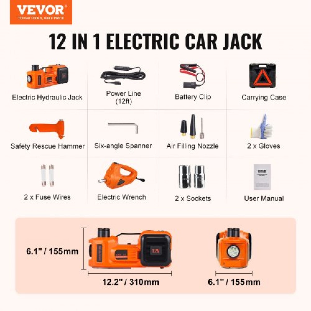 VEVOR Electric Hydraulic Car Floor Jack 5 Ton 12V με αντλία φουσκώματος με κλειδί κρούσης
