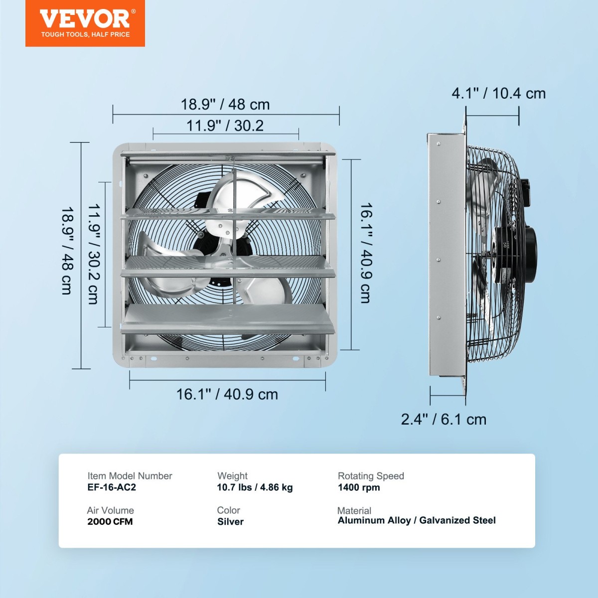 VEVOR ανεμιστήρας εξάτμισης κλείστρου, 406 mm υψηλής ταχύτητας 1400 rpm 2000 CFM, ανεμιστήρας τοίχου αλουμινίου με μοτέρ AC, εξαερισμός και ψύξη για θερμοκήπια, γκαράζ, υπόστεγα, καταστήματα