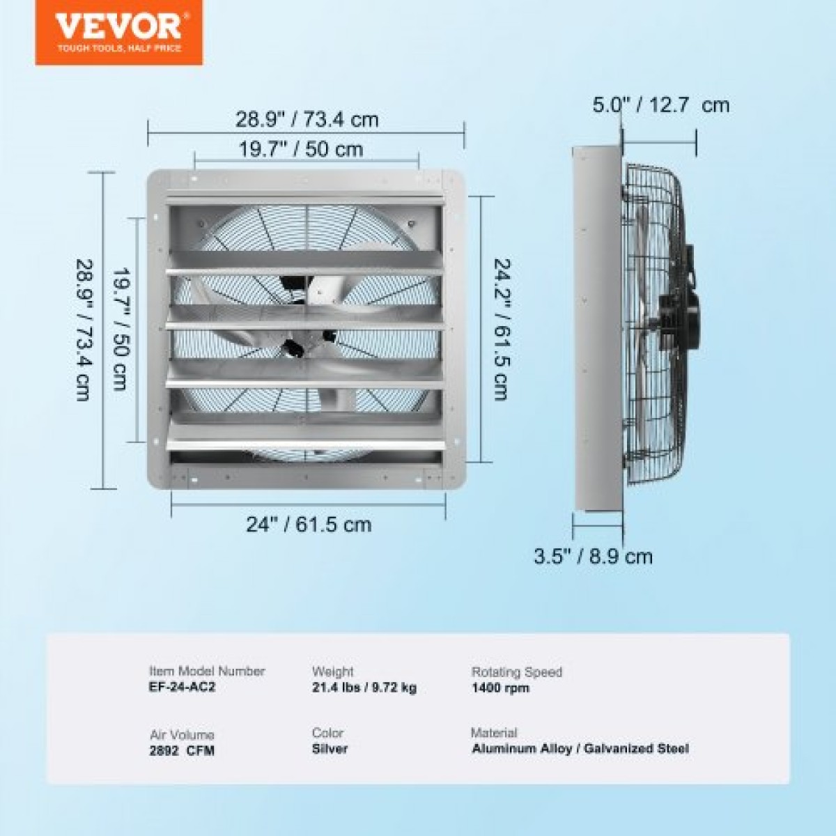 VEVOR ανεμιστήρας εξάτμισης κλείστρου, 610 mm υψηλής ταχύτητας 1400 rpm 2892 CFM, ανεμιστήρας τοίχου αλουμινίου με μοτέρ AC, εξαερισμός και ψύξη για θερμοκήπια, γκαράζ, υπόστεγα, καταστήματα