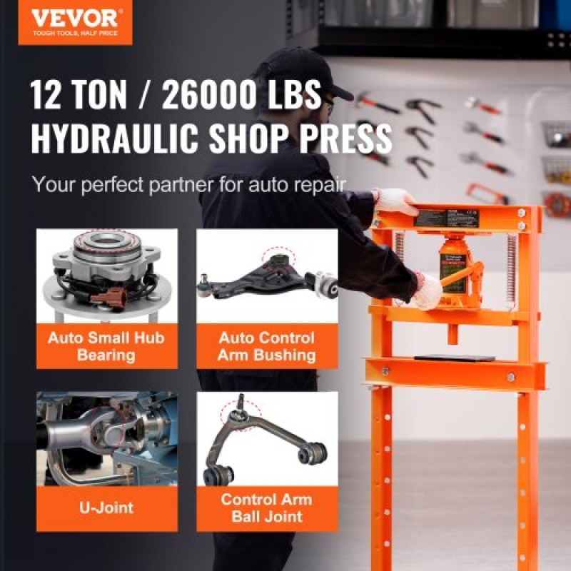VEVOR Hydraulic, δάπεδο πλαισίου 12 τόνων, πλάκες σφράγισης, ρυθμιζόμενο ύψος τραπεζιού εργασίας για κάμψη ή ίσιωμα μετάλλου, γκαράζ ή οικιακή πρέσα καταστημάτων, πορτοκαλί