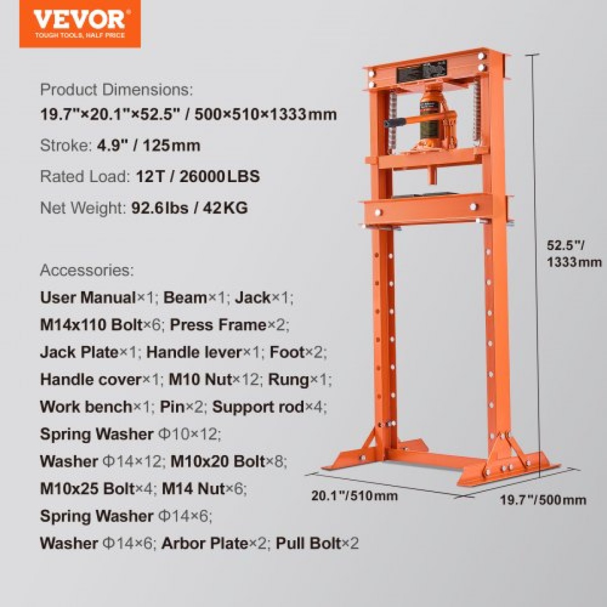 VEVOR Hydraulic, δάπεδο πλαισίου 12 τόνων, πλάκες σφράγισης, ρυθμιζόμενο ύψος τραπεζιού εργασίας για κάμψη ή ίσιωμα μετάλλου, γκαράζ ή οικιακή πρέσα καταστημάτων, πορτοκαλί