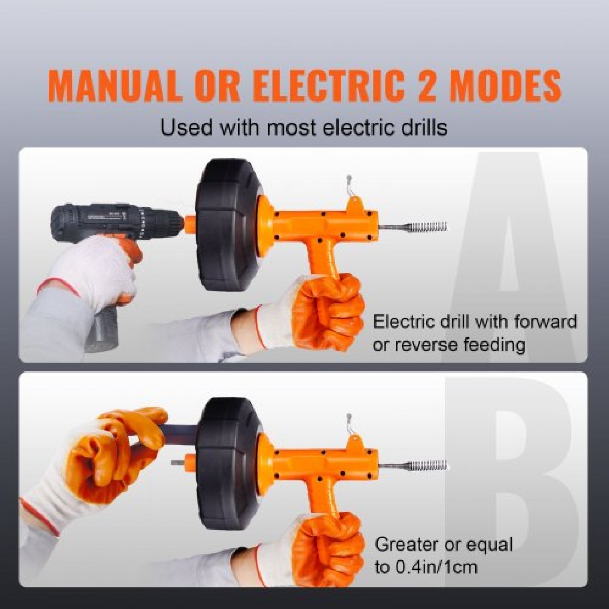 VEVOR Auger αποστράγγισης 762 cm, Plumbing Snake Auto Feed, Plumbers Snake with Drill Attachment, Pipe Snake Drain Auger για Νεροχύτη μπάνιου κουζίνας με προστατευτικό σωλήνα και γάντια