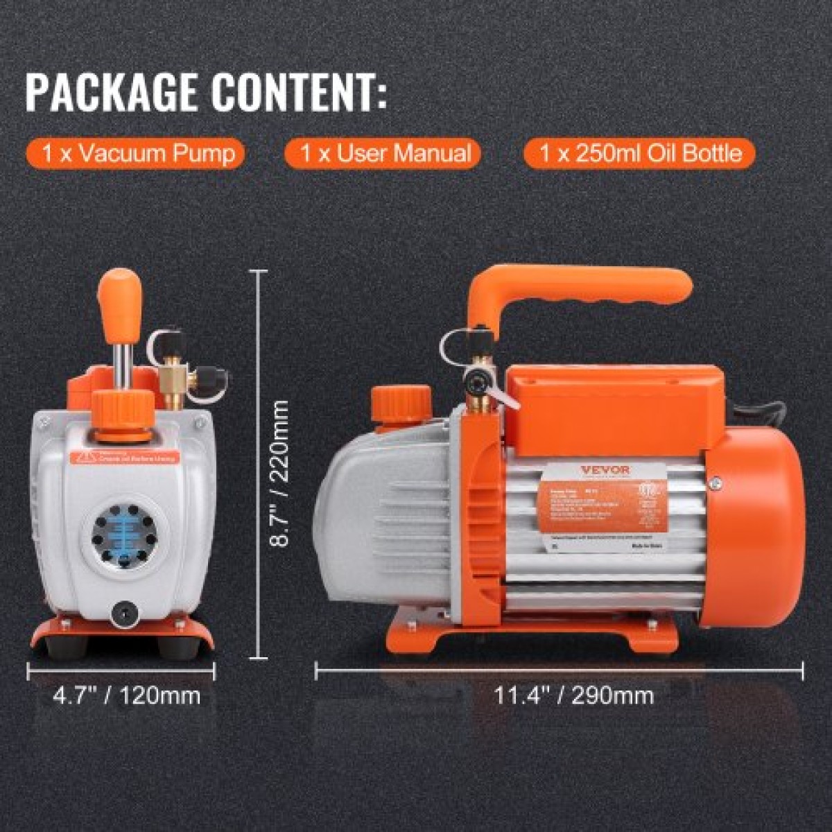 Αντλία κενού VEVOR 1/5 HP Single Stage Pump, 3,5 CFM, 220-240V AC Conditioner Conditioner Vacuum Pump, 0,6 cm SAE Αρσενική είσοδος 1,27 cm ACME, για επισκευή HVAC, Συντήρηση Ψύξης, Απασφάλιση ρητίνης