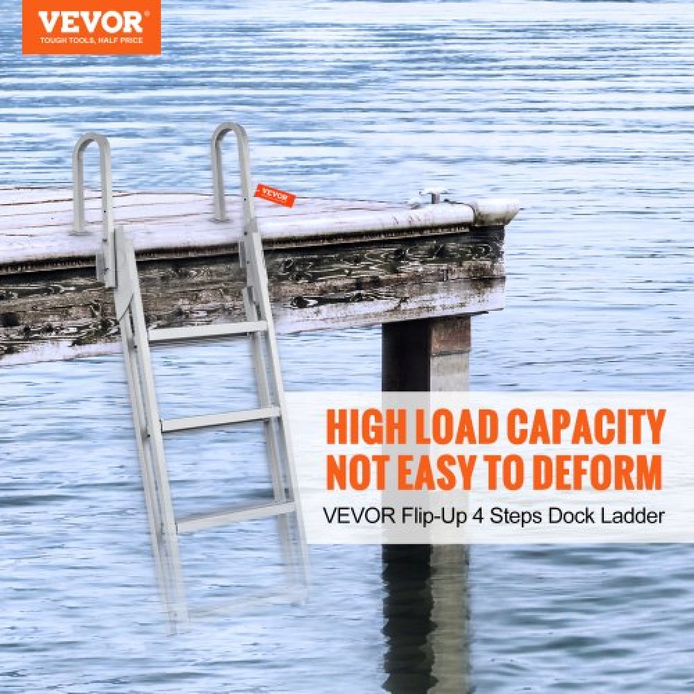 VEVOR Dock Ladder Flip Up 4 σκαλοπάτια, χωρητικότητα φόρτωσης 159 kg, σκάλα Pontoon σκάφους αλουμινίου με πλατύ σκαλοπάτι 4" & αντιολισθητικό πεντάλ σχεδίασης, Swimm Step Ladder για επιβίβαση σε πλοίο/λίμνη/πισίνα/θαλάσσιο