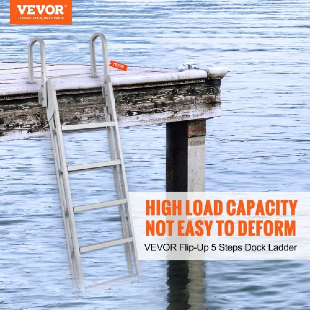 VEVOR Dock Ladder Flip Up 5 σκαλοπάτια, χωρητικότητα φόρτωσης 350 lbs, σκάλα Pontoon σκάφους αλουμινίου με πλατύ σκαλοπάτι 4" & αντιολισθητικό πεντάλ σχεδίασης, Swimm Step Ladder για επιβίβαση σε πλοίο/λίμνη/πισίνα/θαλάσσιο