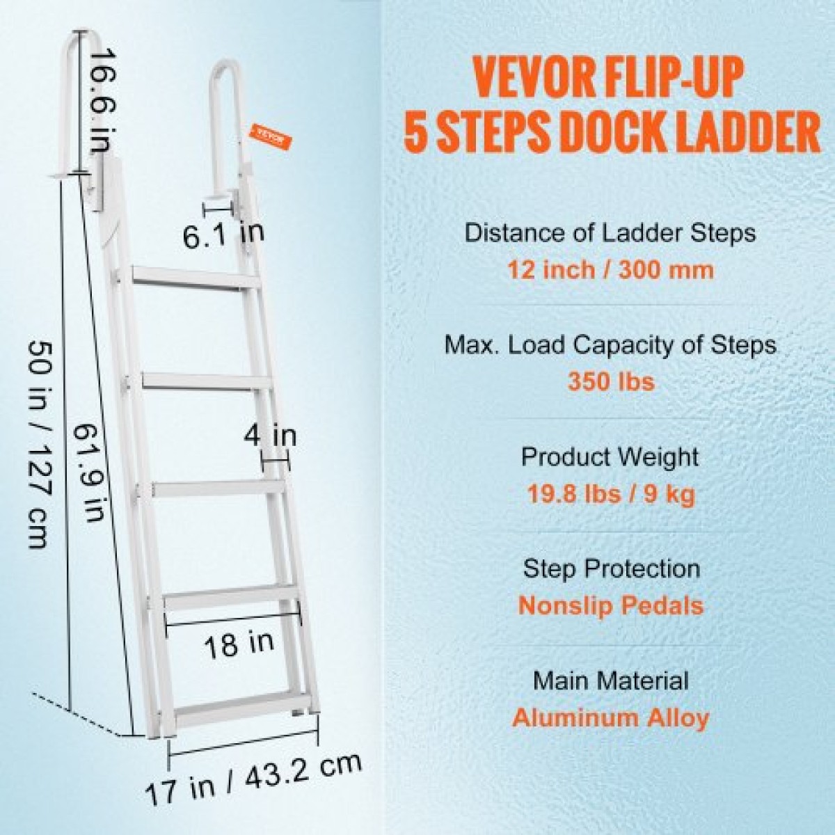 VEVOR Dock Ladder Flip Up 5 σκαλοπάτια, χωρητικότητα φόρτωσης 350 lbs, σκάλα Pontoon σκάφους αλουμινίου με πλατύ σκαλοπάτι 4" & αντιολισθητικό πεντάλ σχεδίασης, Swimm Step Ladder για επιβίβαση σε πλοίο/λίμνη/πισίνα/θαλάσσιο