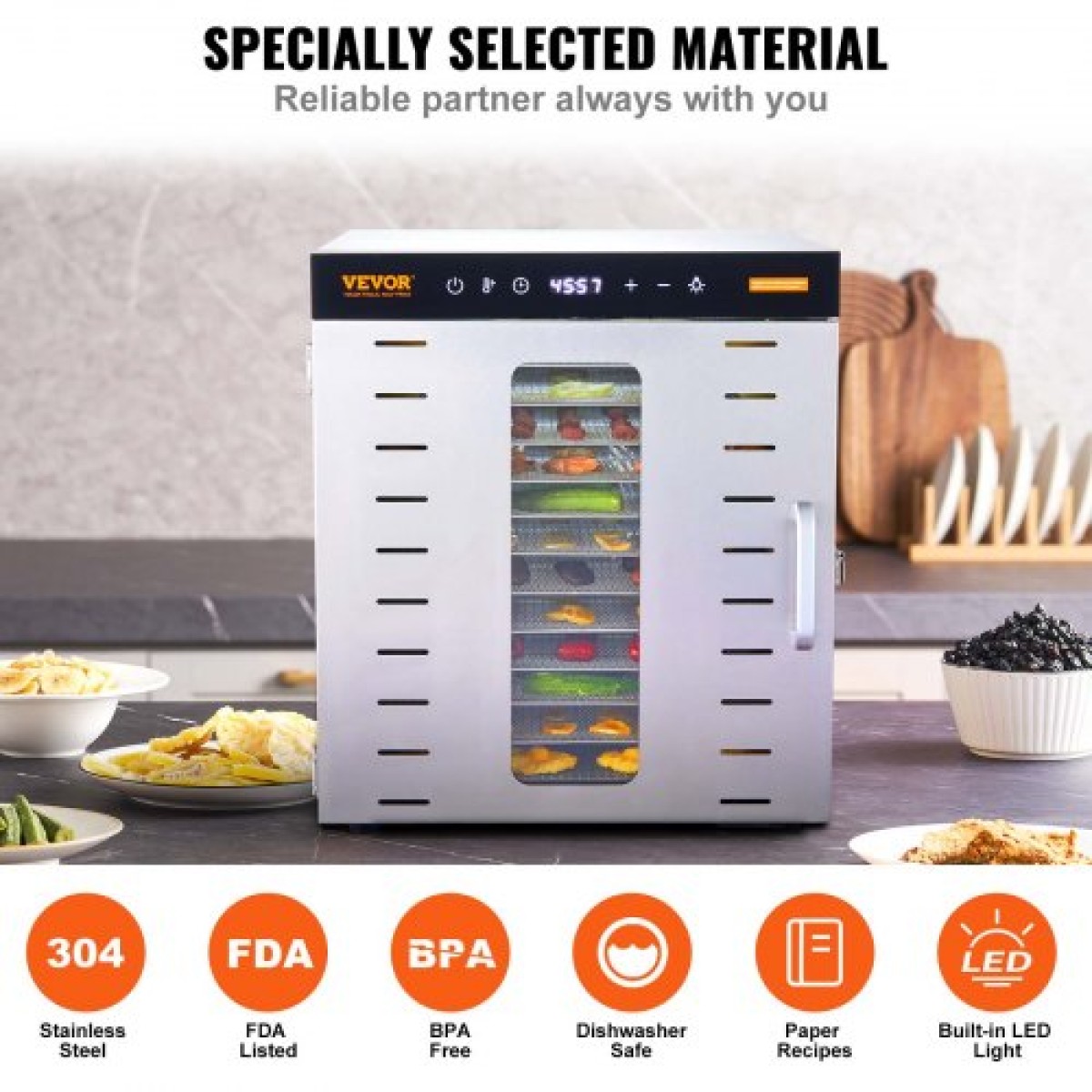 VEVOR 10 Trays Μηχανή αφυδάτωσης τροφίμων από ανοξείδωτο ατσάλι 1000W Jerky Fruit Drying