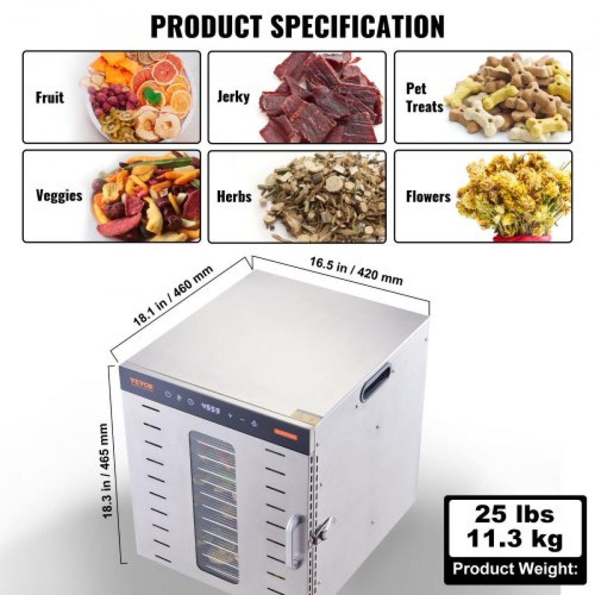 VEVOR 10 Trays Μηχανή αφυδάτωσης τροφίμων από ανοξείδωτο ατσάλι 1000W Jerky Fruit Drying