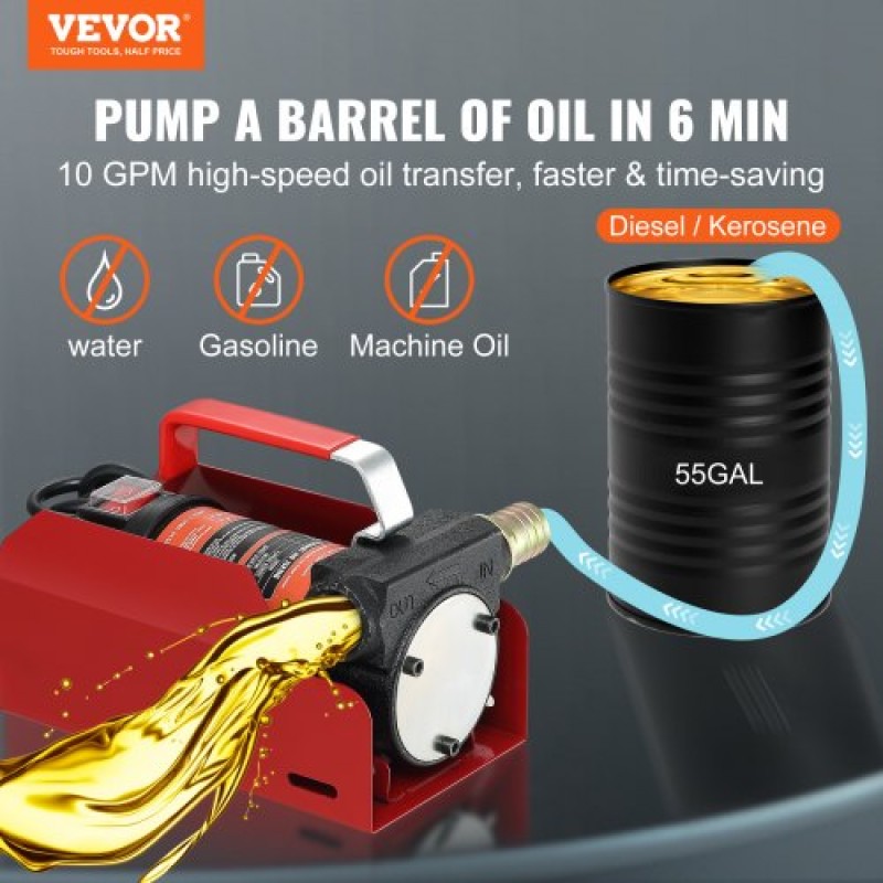 Αντλία μεταφοράς καυσίμου VEVOR, 12V DC 37,9 LPM 798,6 cm Ανελκυστήρας, Φορητό κιτ αντλίας μεταφοράς ηλεκτρικού ντίζελ με ακροφύσιο αυτόματης απενεργοποίησης, σωλήνας παράδοσης & αναρρόφησης για ντίζελ, κηροζίνη, λάδι μετασχηματιστή