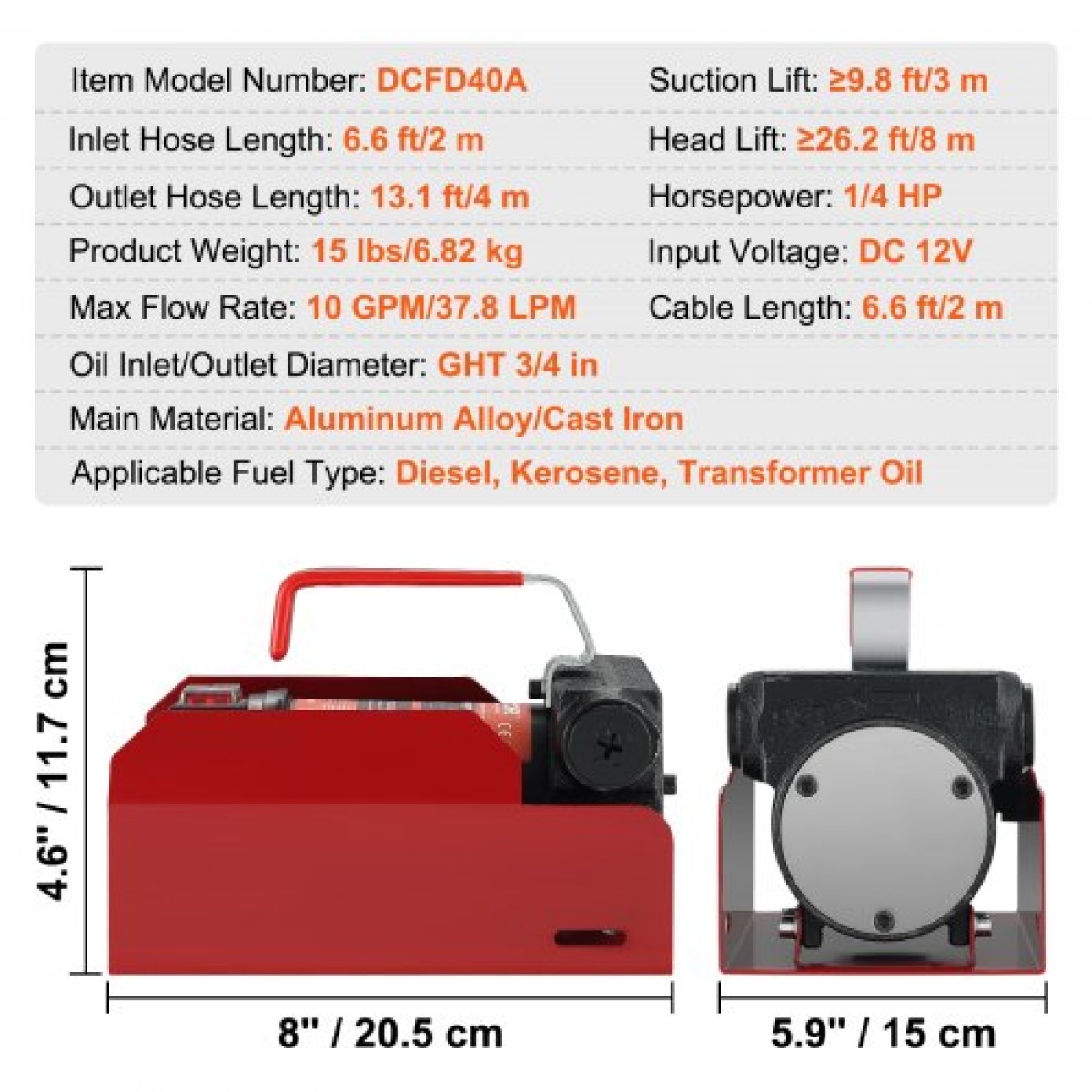 Αντλία μεταφοράς καυσίμου VEVOR, 12V DC 37,9 LPM 798,6 cm Ανελκυστήρας, Φορητό κιτ αντλίας μεταφοράς ηλεκτρικού ντίζελ με ακροφύσιο αυτόματης απενεργοποίησης, σωλήνας παράδοσης & αναρρόφησης για ντίζελ, κηροζίνη, λάδι μετασχηματιστή