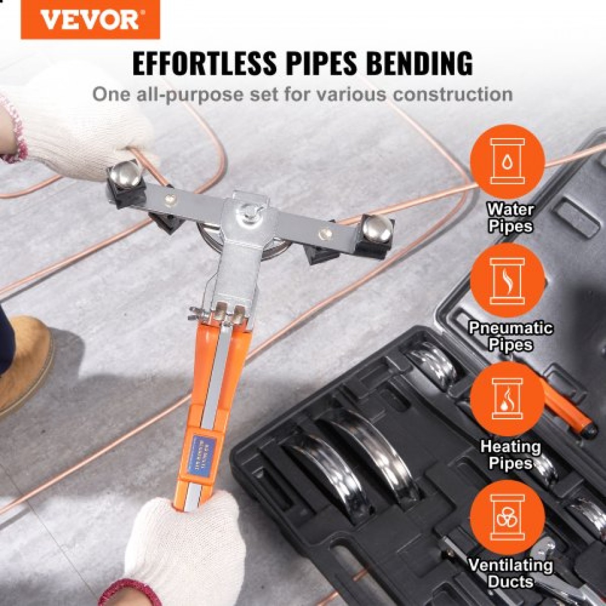 VEVOR Pipe Tube Bender, 6,4mm-22,2mm Ratcheting Tubing Bender, 90° Forward/Reverse Pipes Bending Tools with 7 Dies for HVAC Air Conditioning Refrigerator