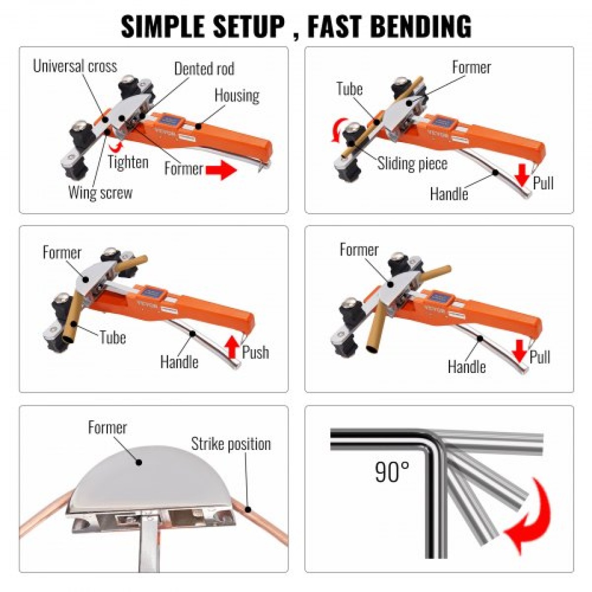 VEVOR Pipe Tube Bender, 6,4mm-22,2mm Ratcheting Tubing Bender, 90° Forward/Reverse Pipes Bending Tools with 7 Dies for HVAC Air Conditioning Refrigerator