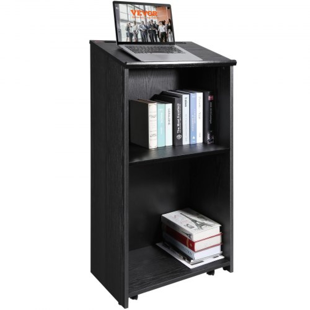 Βάση εξέδρας VEVOR, 119 cm Hostess Stand με 4 τροχούς, Ξύλινο βάθρο με ράφια αποθήκευσης και επικλινή επιφάνεια εργασίας, αναλόγια και βάθρα για εκκλησία, γραφείο, σχολείο, σπίτι, μαύρο