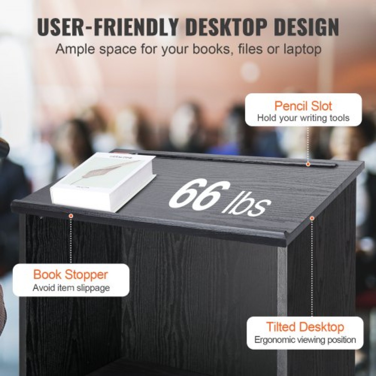 Βάση εξέδρας VEVOR, 119 cm Hostess Stand με 4 τροχούς, Ξύλινο βάθρο με ράφια αποθήκευσης και επικλινή επιφάνεια εργασίας, αναλόγια και βάθρα για εκκλησία, γραφείο, σχολείο, σπίτι, μαύρο