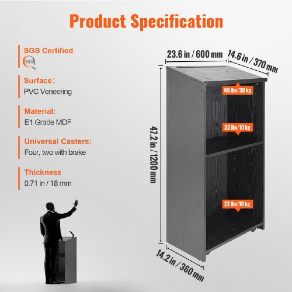 Βάση εξέδρας VEVOR, 119 cm Hostess Stand με 4 τροχούς, Ξύλινο βάθρο με ράφια αποθήκευσης και επικλινή επιφάνεια εργασίας, αναλόγια και βάθρα για εκκλησία, γραφείο, σχολείο, σπίτι, μαύρο
