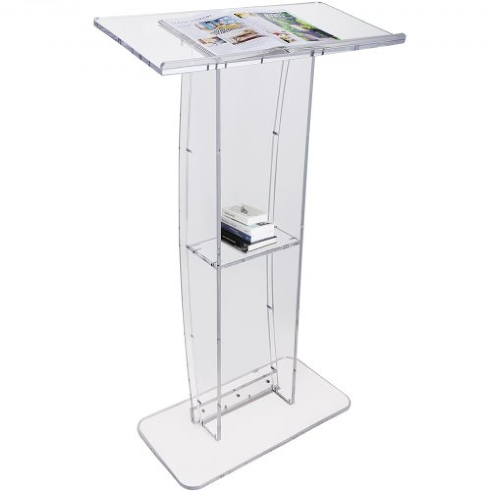 Ακρυλικό βάθρο VEVOR, ύψος 119 cm, διαφανές ακρυλικό βάθρο με φαρδιά επιφάνεια ανάγνωσης & ράφι αποθήκευσης, διαφανείς άμβωνες δαπέδου ακρυλικό για σχολείο γραφείου εκκλησίας