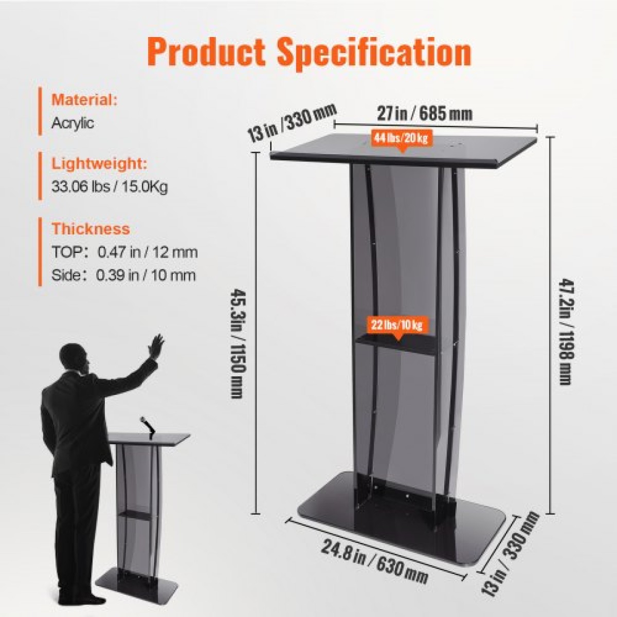 Ακρυλικό βάθρο VEVOR, ύψος 119 cm, ακρυλικό βάθρο με φαρδιά επιφάνεια ανάγνωσης & ράφι αποθήκευσης, διαφανείς άμβωνες δαπέδου ακρυλικό για σχολείο γραφείου εκκλησίας, μαύρο