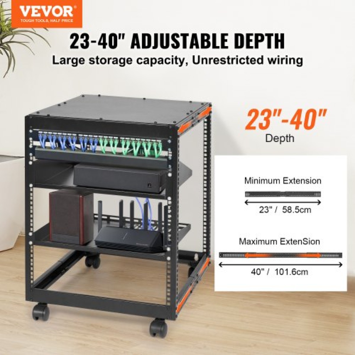 VEVOR 12U Open Frame Rack Server, 58,5-101,6cm Ρυθμιζόμενο βάθος, Free Standing ή Wall Mount Network Server Rack, 4 Post AV Rack με Casters, Χωράει όλο τον εξοπλισμό πληροφορικής δικτύου σας Μόντεμ AV Gear Router