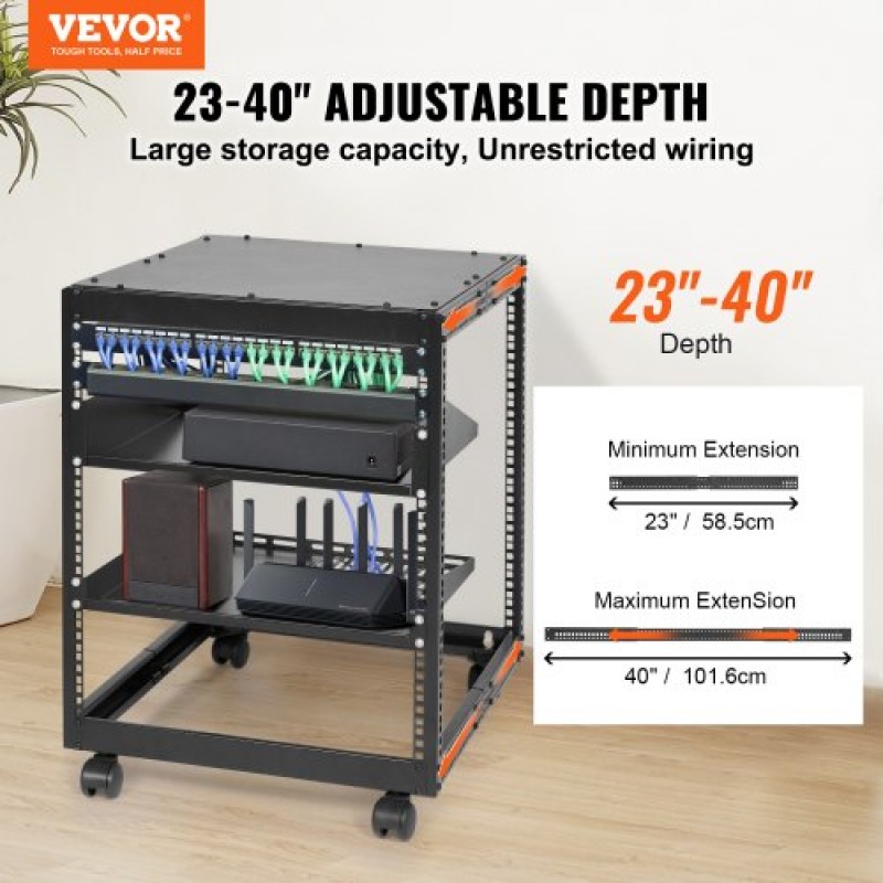 VEVOR 12U Open Frame Rack Server, 58,5-101,6cm Ρυθμιζόμενο βάθος, Free Standing ή Wall Mount Network Server Rack, 4 Post AV Rack με Casters, Χωράει όλο τον εξοπλισμό πληροφορικής δικτύου σας Μόντεμ AV Gear Router