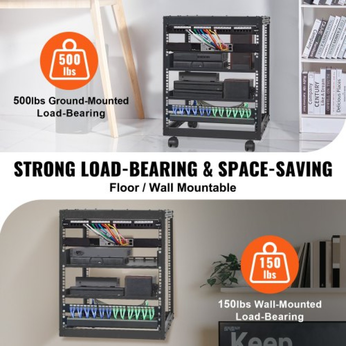 VEVOR 12U Open Frame Rack Server, 58,5-101,6cm Ρυθμιζόμενο βάθος, Free Standing ή Wall Mount Network Server Rack, 4 Post AV Rack με Casters, Χωράει όλο τον εξοπλισμό πληροφορικής δικτύου σας Μόντεμ AV Gear Router