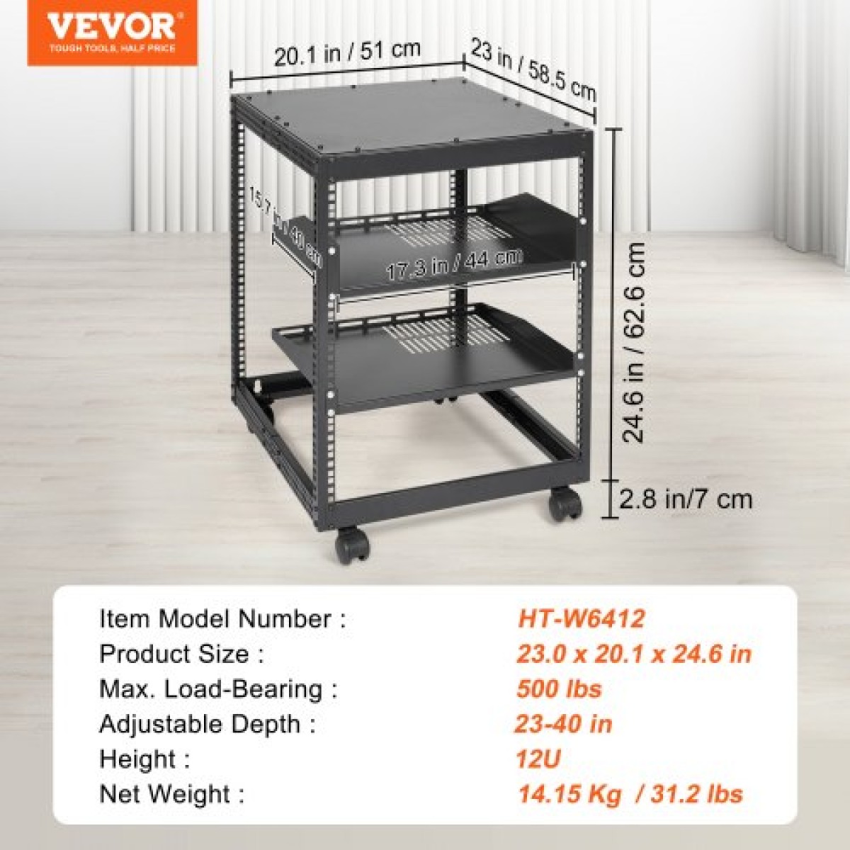 VEVOR 12U Open Frame Rack Server, 58,5-101,6cm Ρυθμιζόμενο βάθος, Free Standing ή Wall Mount Network Server Rack, 4 Post AV Rack με Casters, Χωράει όλο τον εξοπλισμό πληροφορικής δικτύου σας Μόντεμ AV Gear Router