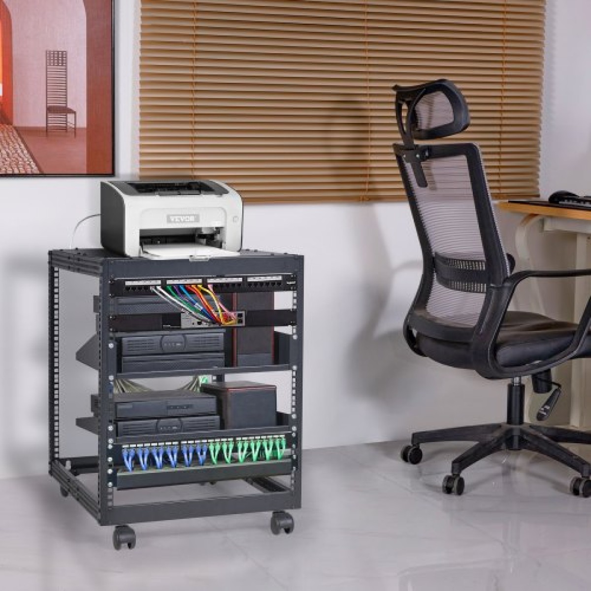 VEVOR 12U Open Frame Rack Server, 58,5-101,6cm Ρυθμιζόμενο βάθος, Free Standing ή Wall Mount Network Server Rack, 4 Post AV Rack με Casters, Χωράει όλο τον εξοπλισμό πληροφορικής δικτύου σας Μόντεμ AV Gear Router
