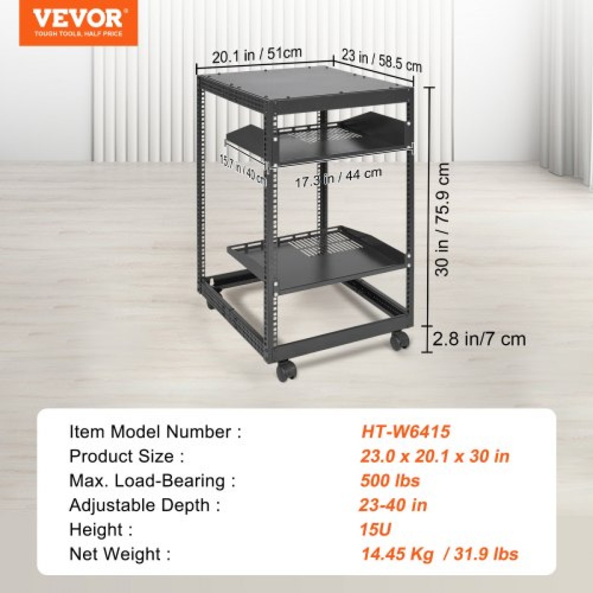 VEVOR 15U Open Frame Server Rack, 58,5-101,6cm/23-40 σε Ρυθμιζόμενο βάθος, Free Standing ή Wall Mount Network Server Rack, 4 Post AV Rack με Casters, Συγκρατεί όλο τον εξοπλισμό πληροφορικής δικτύου σας Μόντεμ AV Gear Router
