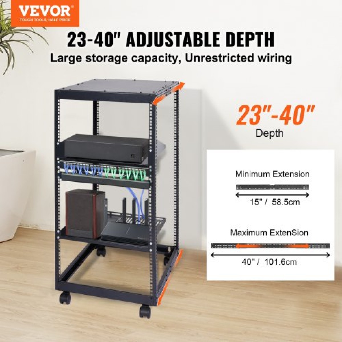 VEVOR 20U Open Frame Server Rack, 58,5-101,6cm/223-40 σε Ρυθμιζόμενο Βάθος, Free Standing ή Wall Mount Network Server Rack, 4 Post AV Rack με Casters, Συγκρατεί όλο τον εξοπλισμό πληροφορικής δικτύωσης σας Μόντεμ AV Gear Router