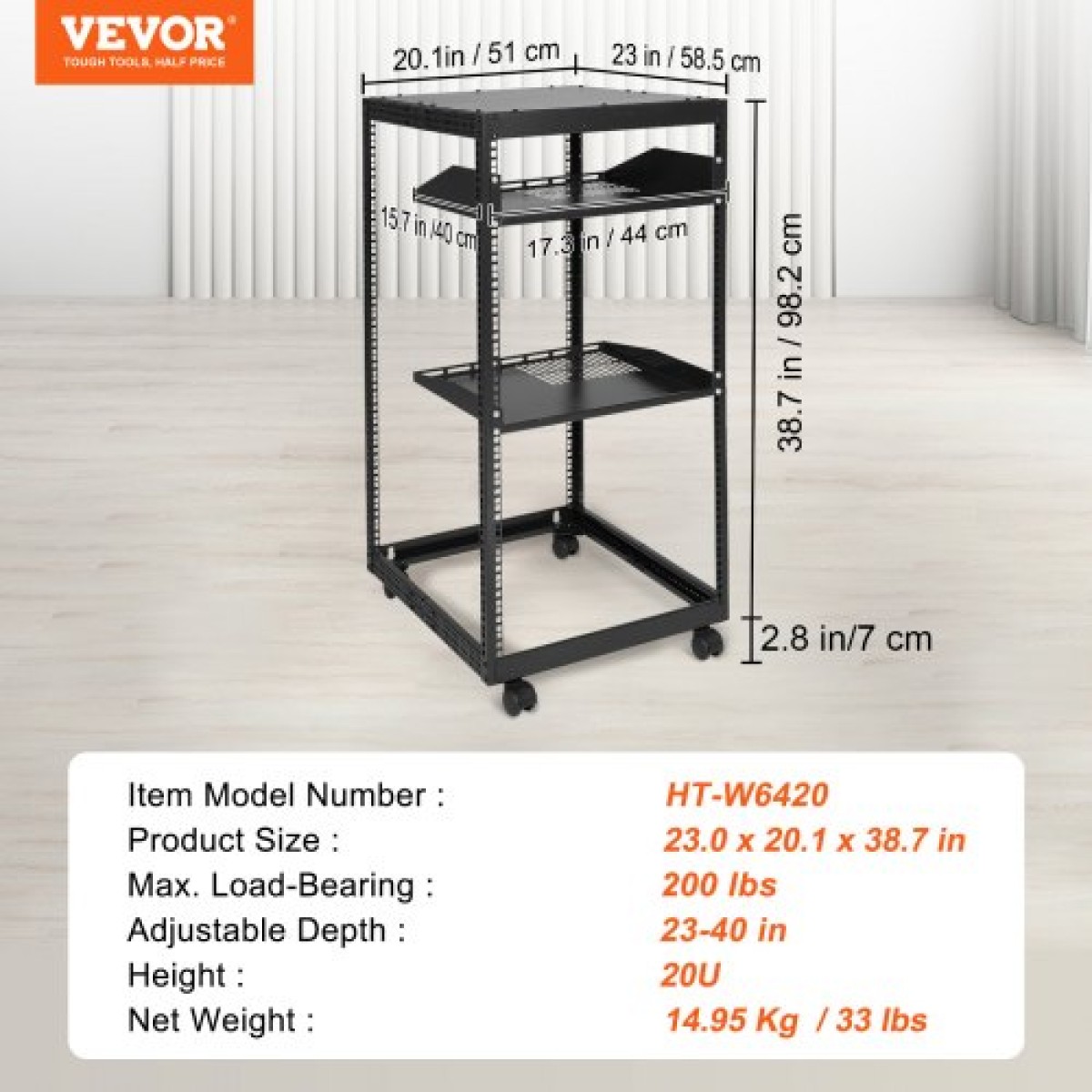 VEVOR 20U Open Frame Server Rack, 58,5-101,6cm/223-40 σε Ρυθμιζόμενο Βάθος, Free Standing ή Wall Mount Network Server Rack, 4 Post AV Rack με Casters, Συγκρατεί όλο τον εξοπλισμό πληροφορικής δικτύωσης σας Μόντεμ AV Gear Router