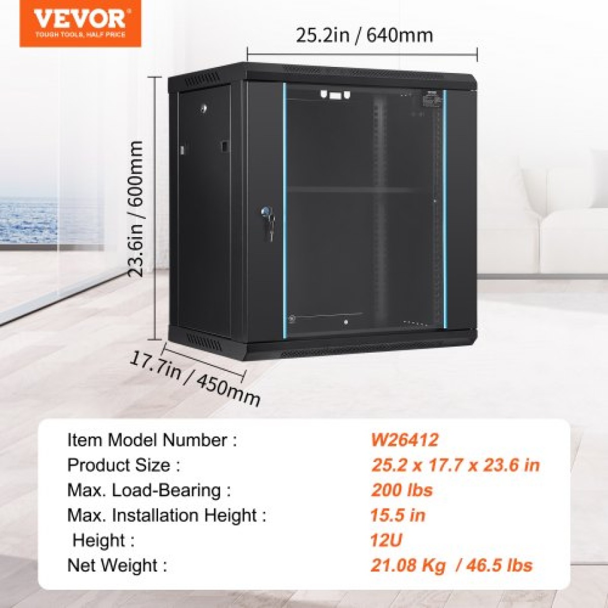 VEVOR 12U Wall Mount Network Server Cabinet, 39,4cm/15,5" Deep, Server Rack Cabinet Enclosure, 90 kg/200 lbs Μέγιστη χωρητικότητα φόρτωσης στο έδαφος, με πλευρικά πάνελ γυάλινης πόρτας κλειδώματος, για εξοπλισμό πληροφορικής, συσκευή A/V