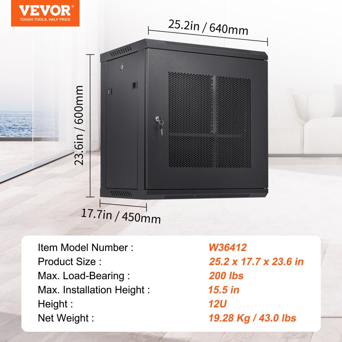 VEVOR 12U Wall Mount Network Server Cabinet, 39,4cm/15,5" Deep, Server Rack Cabinet Enclosure, 90kg/200 lbs Μέγιστη χωρητικότητα φορτίου στο έδαφος, με πλευρικά πάνελ πόρτας κλειδώματος, για εξοπλισμό πληροφορικής, συσκευές A/V