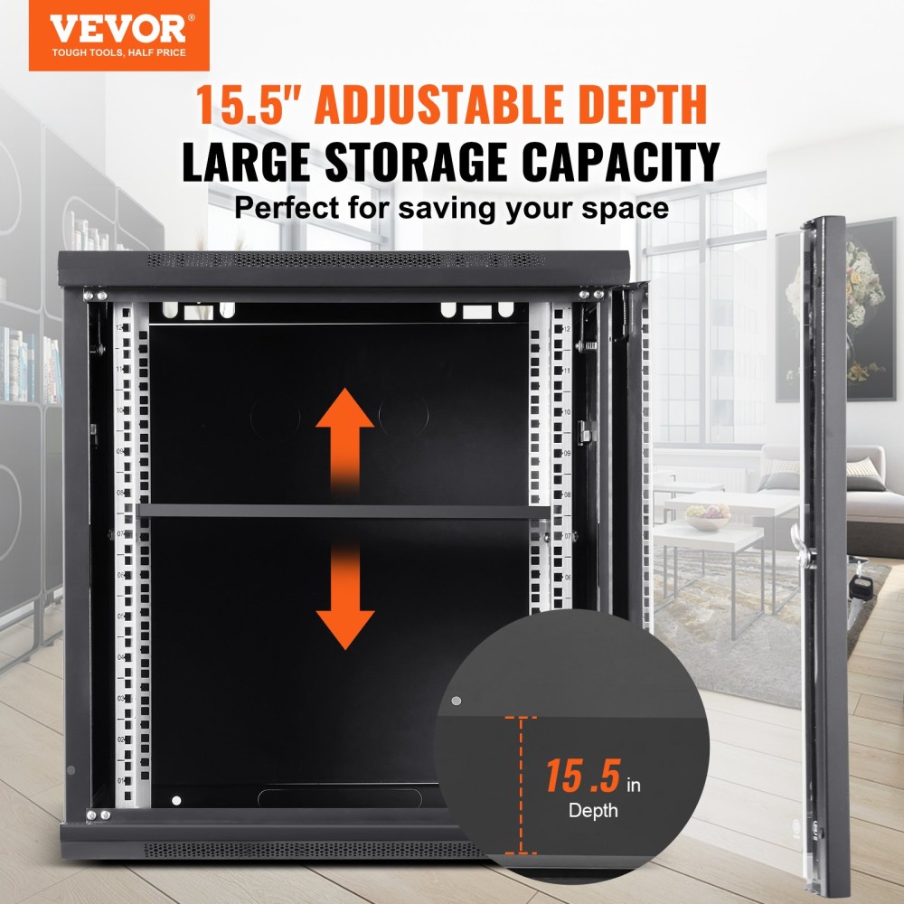 VEVOR 9U Wall Mount Network Server Cabinet, 60x45x50cm, 39,4 cm Deep, Server Rack Cabinet Enclosure, 90,7 kg Μέγ.Χωρητικότητα φόρτωσης στο έδαφος, με πλευρικά πάνελ γυάλινης πόρτας κλειδώματος, για εξοπλισμό πληροφορικής, συσκευές A/V