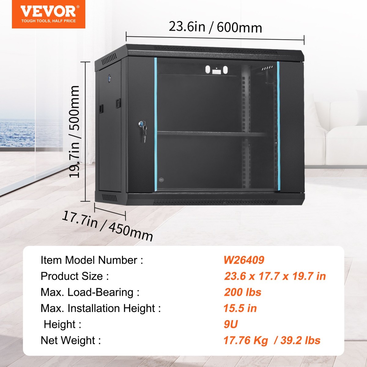 VEVOR 9U Wall Mount Network Server Cabinet, 60x45x50cm, 39,4 cm Deep, Server Rack Cabinet Enclosure, 90,7 kg Μέγ.Χωρητικότητα φόρτωσης στο έδαφος, με πλευρικά πάνελ γυάλινης πόρτας κλειδώματος, για εξοπλισμό πληροφορικής, συσκευές A/V