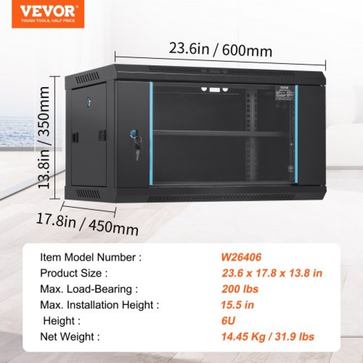 Καμπίνα διακομιστή δικτύου VEVOR 6U επιτοίχιας βάσης, βάθους 39,4 cm, περίβλημα ντουλαπιού ραφιών διακομιστή, 90,7 kg Μέγ.Χωρητικότητα φόρτωσης στο έδαφος, με πλευρικά πάνελ γυάλινης πόρτας κλειδώματος, για εξοπλισμό πληροφορικής, συσκευές A/V