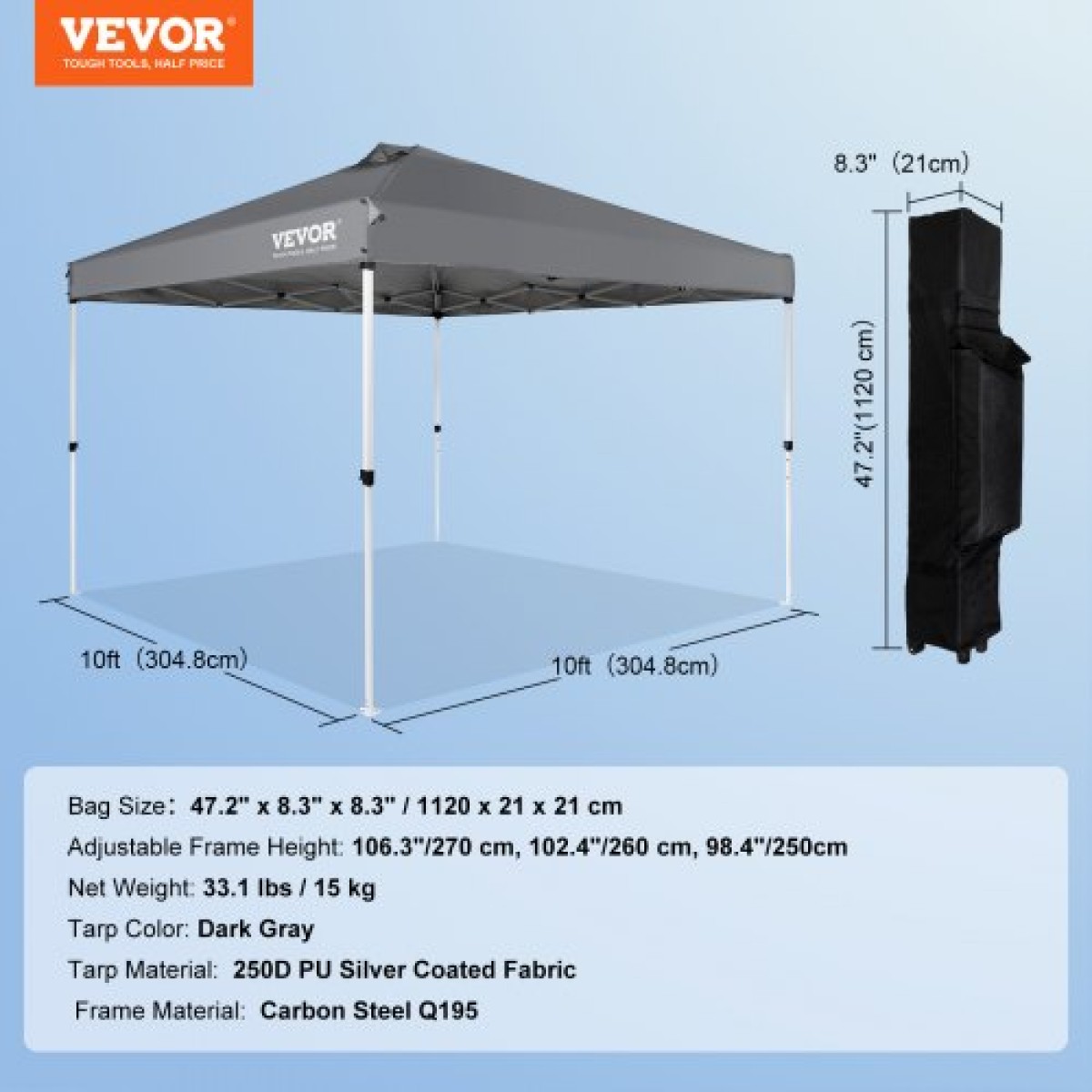 Σκηνή με κουβούκλιο VEVOR Pop Up, 10 x 10 πόδια, 250 D PU ασημένια επίστρωση, με φορητή τσάντα κυλίνδρου και 4 σακούλες άμμου, αδιάβροχο κιόσκι για πάρτι, κάμπινγκ, εμπορικές εκδηλώσεις, σκούρο γκρι