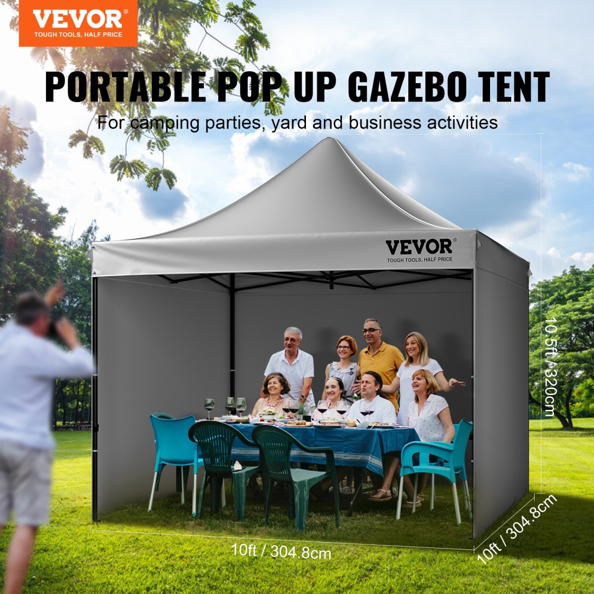 VEVOR Pop Up Σκηνή με κουβούκλιο Εξωτερική σκηνή κιόσκι 304,8 x 304,8 cm με πλαϊνά τοιχώματα σκούρο γκρι