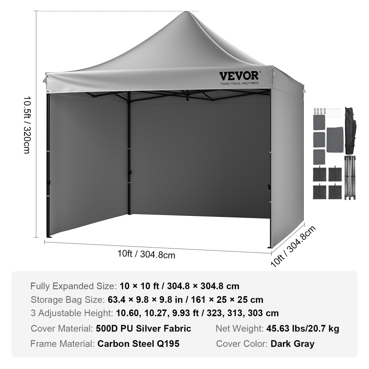 VEVOR Pop Up Σκηνή με κουβούκλιο Εξωτερική σκηνή κιόσκι 304,8 x 304,8 cm με πλαϊνά τοιχώματα σκούρο γκρι